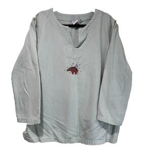 Vtg 90s Native Aztec Bear Cotton VNeck SWEATSHIRT Tunic Sz L WEK Woman Grey Blue